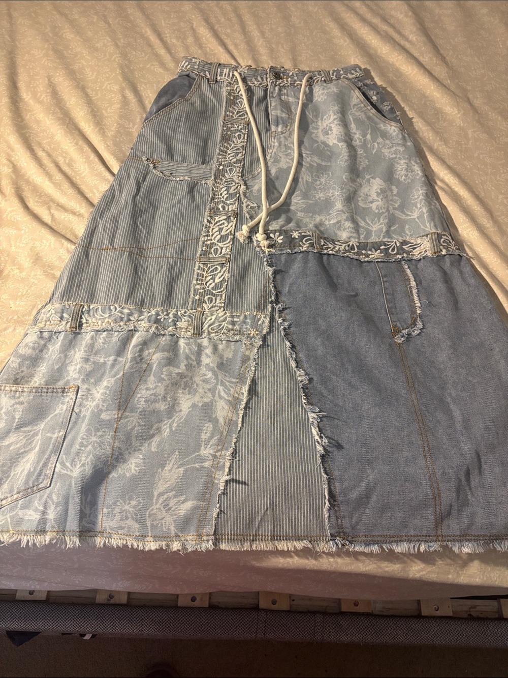 POL Light Blue Patchwork Denim Maxi Skirt